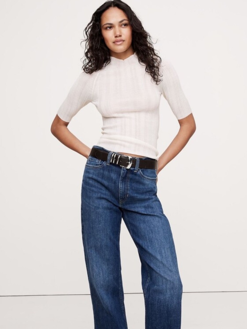 Banana Republic Cream Extra-Fine Merino Wool Ribbed Mockneck T-Shirt